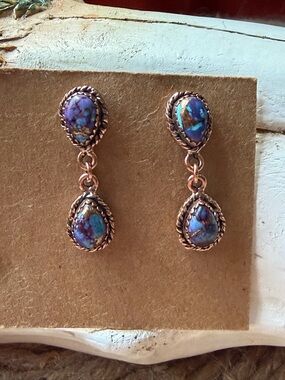 Blue Turquoise Teardrop Dangle Earrings Copper- Unbranded